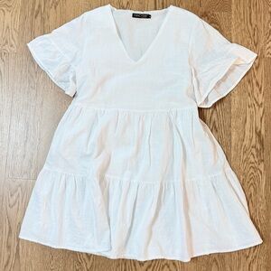 Fancyinn White Tiered V-Neck Mini Dress